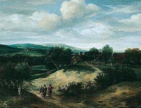 Jacob Koninck Landscape with huntsmen on a track before a village
